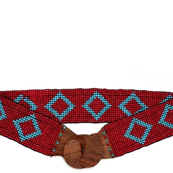 Accessories - LC Women Handcrafted Orange Seed Beaded Stretch Belt with Wooden Buckle